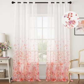 Woaboy Curtains Pink Voile Floral Pattern Curtains with Eyelets Living Room Transparent Eyelet Curtain Sheer Voile Curtains for Bedroom Set of 2 140 x 260 cm (W x H)