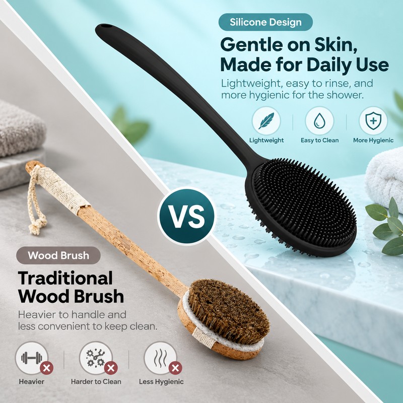 Silicone Back Scrubber Brush for Shower – Long Handle Double-Sided