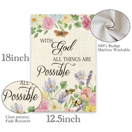 ShuanQ With God All Things are Possible Garden Flag - Spring Summer Fall Home Decorative Flag - Seasonal House Garden Yard Religious Outdoor Flowral Decor - Burlap Flag Double Sided - 18 x 12.5 in