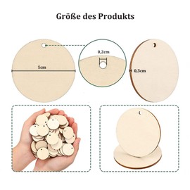 ENLACE Pack of 25 Round Wooden Discs with Hole, Round Wooden Discs 5 cm Diameter, Small Wooden Discs for Crafts for DIY Key Chains, Hanging Decoration, Painting