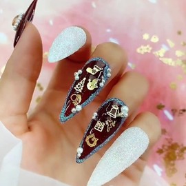 Christmas Gold Metal Nail Studs, 3D Christmas Nail Art Glitter Flakes Decorations, Snowflake Deer Tree Sock Bell Nail Sequins Accessories for Women Manicure Acrylic Supplies DIY Holiday Nail Art Tips