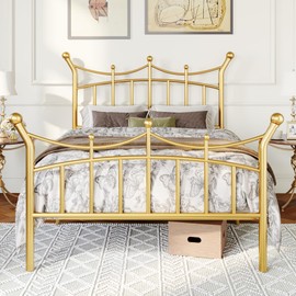 Allewie 14 Inches Twin Size Metal Platform Bed Frame with Elegant Crown Iron-Art Headboard & Footboard, Sturdy Mattress Foundation with Under-Bed Storage, Easy Assembly, No Box Spring Needed, Gold
