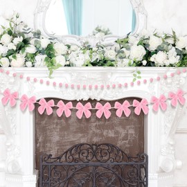 Suncalla 2 Pcs Pink Bow Banner Decor Felt Ball Pom Pom Garland 9.8 ft Long Ball Garland 6.5 ft Plush Bow Banner for Coquette Bachelorette Wedding Bridal Shower Birthday Party Decor
