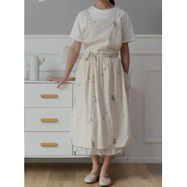 FADUOFA Japanese Cotton Linen Cross Back Apron for Women with Pockets,Fashion Pinafore Dress with Waist Ties…