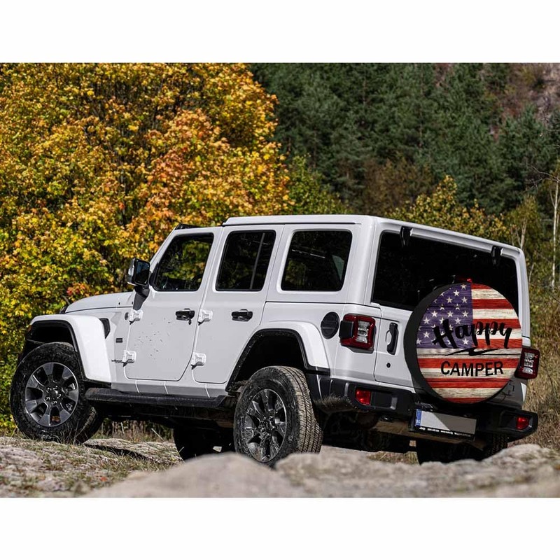 MIYASANG Happy Camper Spare Tire Cover American Flag Wood Plank