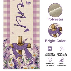 Croar He is Risen Easter Cross Christian Table Runner, Religious Lavender Daisy Flower Purple Plaid Kitchen Dining Table Decoration, Spring Burlap Indoor Outdoor Home Decor Party Supply 13 x 90 Inches