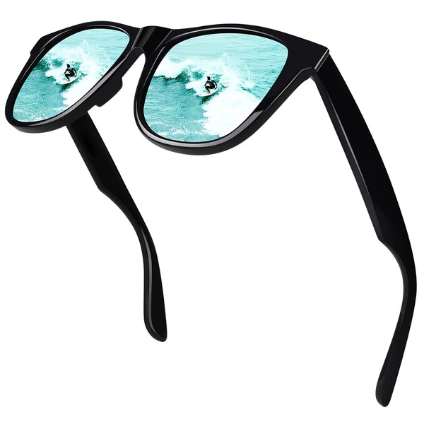 SUNIER 2019 TR90 Series Classic 80's anteojos de sol polarizadas para hombres y mujeres, marco irrompible S01, Glossy Black Frame Light Blue Polarized Lens Mirrored, M