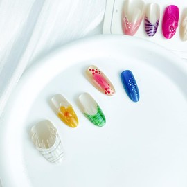 BQZQPAMZ 10pcs Flower French Tip Press On Nails Colorful Glossy Almond Shaped Fake Nails Medium Length Full Coverage Acrylic Nails with 3D Pattern Design for Women Spring Manicure Supplies