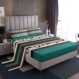 Western Horseshoe Sheet Set Kids Retro Cowboy Style Bedding Set for Women Men Farmhouse Wild West Bed Sheets Set Teal Beige Brown Deep Pocket Fitted Sheet Room Decor Bed Set Twin Size