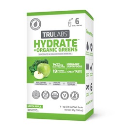 TRULABS Hydrate + Organic Greens - Green Apple. Sugar Free Electrolytes Hydration Packets. Each Serving Contains 1422 mg of Electrolytes &19 Vitamins & Minerals & 4 Organic Greens (6ct)