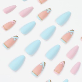 TMLECE TM Press on Nails 24 PCS Long Stiletto Fake Nails Glue on Nails for Women Girls Teens with Glue Sticker and Nails File, Blue Mandarin Duck French Style False Nails