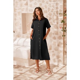 Zeagoo Summer Dresses Button Down Shirt Dress Cotton Dresses for Women 2025 Linen Black Midi Dress with Pockets Vacation Travel Black M