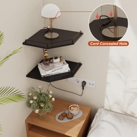 Corner Shelf Wall Mounted, 12 Inches 2-Tier Floating Corner Shelf, Hexagon Rustic Wood Decor with Fence, Black Wall Storage for Apartment Bedroom Kitchen Bathroom