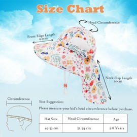 FenFang Baby Sun Hat with Neck Protection, Fishing Hat Children Boys Girls Wide Brim Sun Hat Beach Hat Summer Hat Adjustable Cap, Pink flower