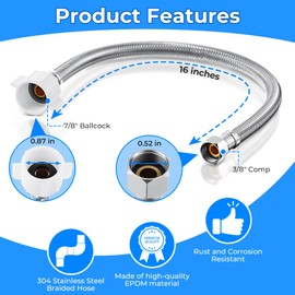 Dreyoo 1 Pack Complete Toilet Valve Set, Includes 1/2 inch Nom Inlet x 3/8 Inch OD Compression Outlet Angle Shut Off, 16" Stainless Steel Toilet Water Supply Line, Escutcheon Plate, Sealing Tape