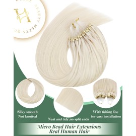 Ugeat Micro Ring Hair Extensions Real Human Hair for Women Blonde Hair Extensions Micro Loop for Thin 18 Inch No Glue Needed 50G/50S Platinum Blonde #60A