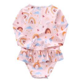 Aisyee Little Girls One Piece Bathing Suits Long Sleeve Rash Guard Swimsuits Swimshirts for Girls Pink Rainbow 5T