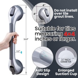 TAILI Shower Grab Bar 16 Inch Suction Cup Grab Bars for Bathroom, Removable Shower Safety Handle Heavy Duty Bathtub Grip for Seniors & Elderly, Strong Handrails No Drilling Waterproof, Silver