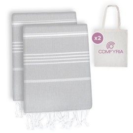 COMFYRIA Turkish Beach Towel with Travel Bag - 1/2/4/6 Pack - XL 39x71 Cotton Beach Towel - Prewashed - Sandfree, Quick Dry, Lightweight Beach Blanket - Travel Essentials Clearance - Light Gray