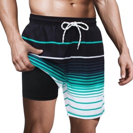 Hill & Sea Men's Quick-Drying Swimming Shorts 2 in 1 Swimming Trunks with Compression Inner Shorts Adjustable Drawstring Multi-Style, Striped black blue white, M