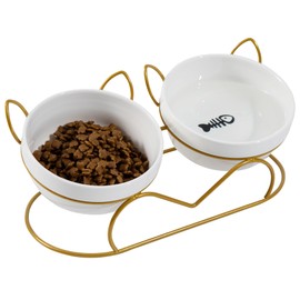 KIMAUTRM Raised Cat Food Double Bowls with Gold Iron Stand Neck and Whisker Friendly for Small Cats and Puppies Anti-Slip