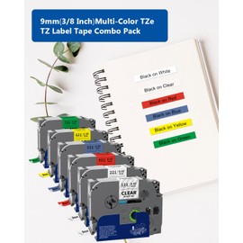 Labelwell 6-Pack TZe TZ Tape 9mm 0.35 Inch Laminated Multi Color Compatible for P Touch Label Tape TZe-121 221 421 521 621 721 for PTouch PT-H110 D210 D220 PT-H103W, Clear/White/Red/Blue/Yellow/Green