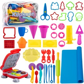 Play Dough Set for Children, 41 Pieces Clay Accessories Creation Breakfast Burger & Pasta, Moulds Rolling Pin, Kneading Mat with Storage Bag, Dough Toy Gift for Boys Girls