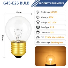 G45 E26 40W Appliance Oven Light Bulb 120V 2700K Warm White Dimmable, 300°C High Temp, Clear Appliance Replacement Bulbs for Oven Refrigerator Over Stove Microwave, 360LM, 2 Pack