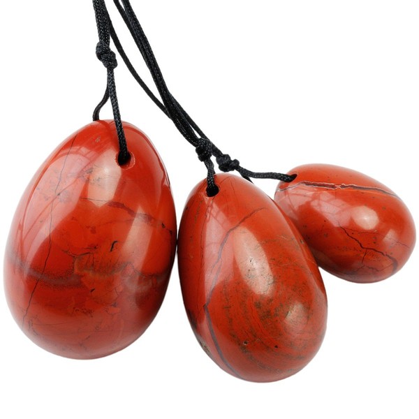 mookaitedecor Red Jasper Yoni Eggs Set of 3, Predrilled with Unwaxed String, Massage Stones for Women to Strengthen Pelvic Floor Muscles with Velvet Pouch