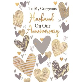 Husband Wedding Anniversary Card - Silver Gold Hearts with Gold Foil 7.75x5.25"