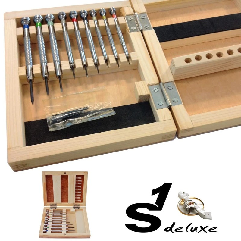 9 Watchmaker's Screwdrivers in Real Wooden Box S1 Deluxe Star