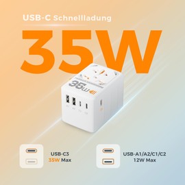 TESSAN 35 W Travel Adapter Worldwide with USB C, Quick Charge USB C Adapter, Travel Plug Adapter Worldwide with 3 USB C and 2 USB A, Travel Adapter for USA UK Italy Thailand Canada Ireland Australia