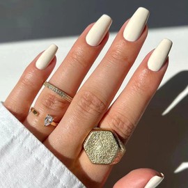 Coffin Press on Nails Short Fake Nails Glossy Glue on Nails Milky Full Cover Acrylic Nails Press ons Cute White False Nails Short Coffin Stick on Nails for Women 24Pcs