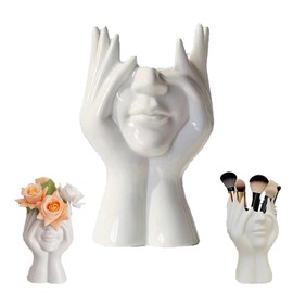 Decorative Face Makeup Brush Holder, Face Hand Design Bohemian Modern Elegant Station for Bathroom Dorm Home Desktop, Modern Art Storage Container for Cosmetic Tools and Stationery