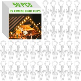 Beeveer 50 Pcs RV Awning Light Clips Clear Curtain Hooks with Clips 360° Camper Trailer Christmas Party String Light Holder Hanger with Ring for Caravan Curtain Wall Banners Photos Display Decor