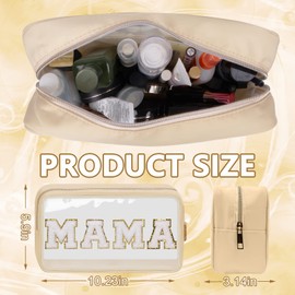 Iqimott Preppy Patch Clear Mama Bag, Women Chenille Letter Makeup Cosmetic Bag for Travel, Nylon Waterproof Organization Outdoor Zipper Pouch Toiletry Bag for Women Girls(Beige)