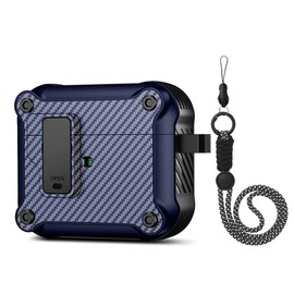 Valkit for Airpods 3rd Generation Case Cover with Lock, Cool AirPods 3 Case with Lanyard for Men Women Carbon Fiber Texture Hard Shell Air Pod 3 Case for AirPod 3rd Gen Case 2021, Blue