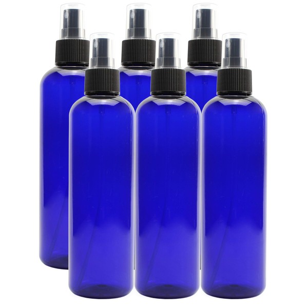 Cornucopia 8oz Cobalt Blue Plastic PET Spray Bottles w/ Fine Mist Atomizers (6-pack); for DIY Home Cleaning, Aromatherapy, & Beauty Care