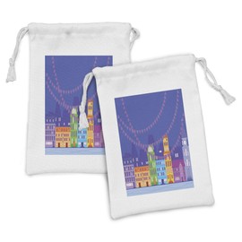 Lunarable City Love Fabric Pouch Set of 2, Traditional Scandinavian Streets by the Water Channel with Ornamental Hearts, Small Drawstring Bag for Toiletries Masks and Favors, 9" x 6", Multicolor