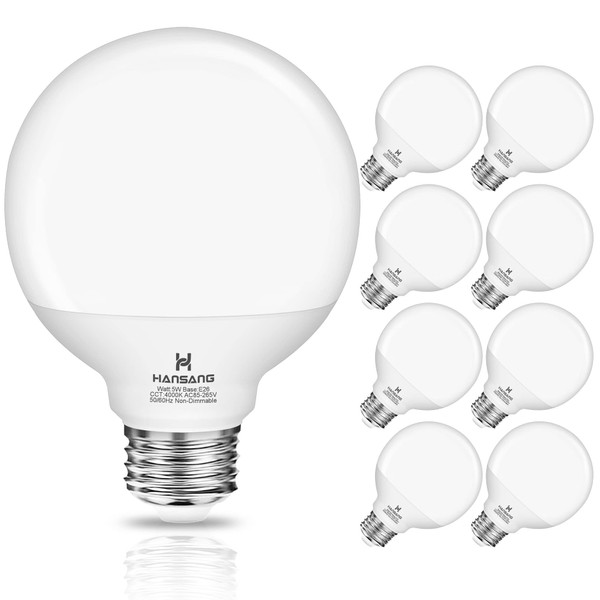 hansang 8 Pack G25 LED Globe Light Bulbs 4000K Natural Daylight, E26 Base Bathroom Light Bulbs, 60W Incandescent Equivalent, Vanity Mirror Round Light Bulbs, 500LM, Non-Dimmable