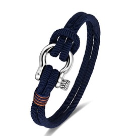 BIYONGDE Mens Womens Dark Blue Nautical Sailor Rope Bracelet, Two-row Dark Blue Friendship Bracelet with Steel Screw Anchor Shackles