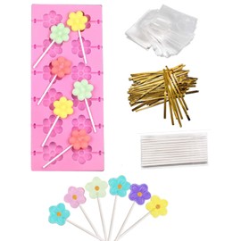 Akingshop 12 Capacity Silicone Lollipop Mold Set, Sucker Molds and Chocolate Hard Candy Mold with 50pcs Lollipop Sucker Sticks, Candy Treat Bags, Gold Ties. (Flower)