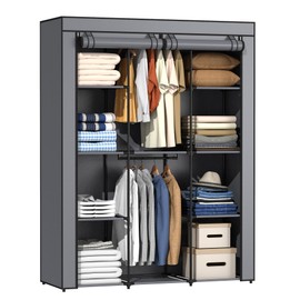 HODYANN Portable Closet, Wardrobe Closet with 10 Storage Shelves and 2 Hanging Rods, Non-Woven Fabric Cover, 52.4 x 18.1 x 66.6 Inches Closet Organizer for Bedroom, Gray