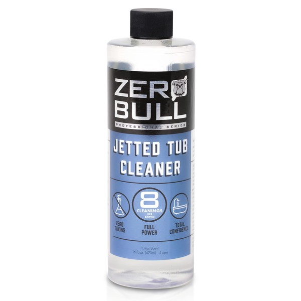 Zero Bull Jetted Bathtub Cleaner. 8 cleans per bottle. The only safe & all-natural jet tub cleaner. Wash black flakes out of jacuzzi bath tub hot tub whirlpool. Heavy duty spa cleaner.
