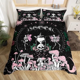 Sun and Moon Duvet Cover Set Twin Size,Pink Mushroom Bedding Set Gothic Sugar Skull Star Galaxy Comforter Cover for Kids Boys Girls Woman Room Decor Boho Hippie Black White Quilt Cover,1 Pillowcase