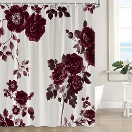 Burgundy Red Floral Shower Curtain Vintage Elegant Blooms Flower Rustic Spring Romantic Botanical Watercolor Wildflower Leaves Plant Modern Abstract Fabric Bathroom Curtain Decor with Hook