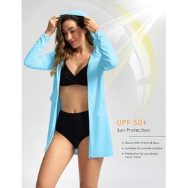 Women's UPF 50+ Swim Cover Up Sun Protection Hoodie Long Jacket SPF Lightweight Beach Cover Ups for Women(Sky Blue,XL)