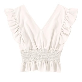 LYANER Women's V Neck Ruffle Cap Sleeve Shirred Solid Blouse Crop Tank Top White Large