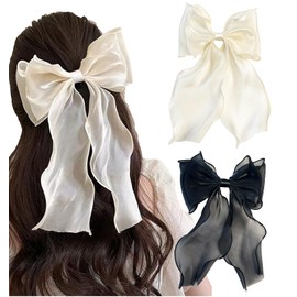 Herbeluemily Barrette, Hair Clip, Ribbon, Chiffon Hair Accessories, Hair Ornament, Set of 2, White + Black