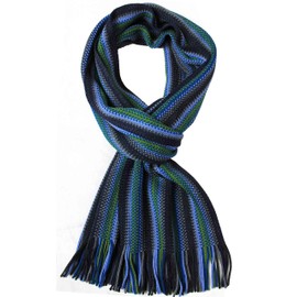 Rotfuchs Knitted Scarf Men's Scarf Wool Multicoloured Green Navy Medium Grey 200 x 25 cm, Stripes, navy green, grey